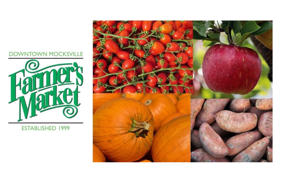 Poster for Mocksville Farmers Market established 1999 with fruits and vegatables including pumpkins, strawberries, sweet potatos
