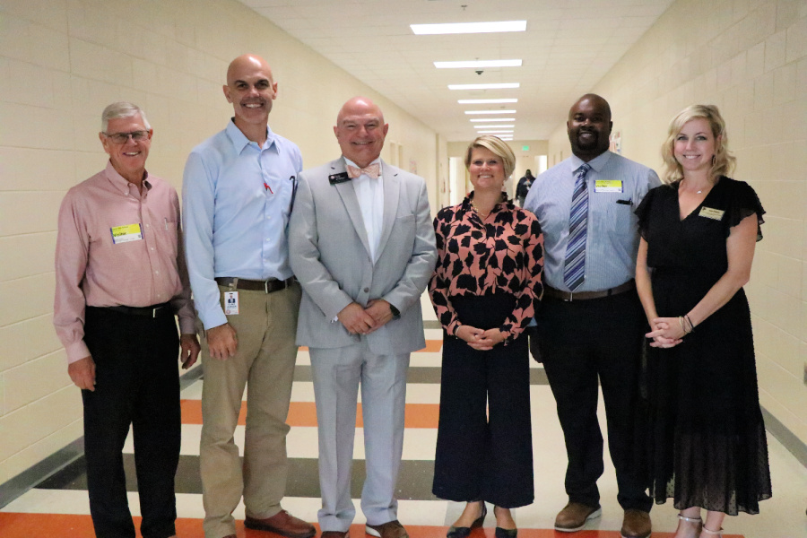 (L to R) - Board of Education Member Dub Potts, Board of Education Chairman Clint Junker, Davie County Schools Superintendent Jeff Wallace, State Superintendent Catherine Truitt, Davie County Manager Brian Barnett, and Special Advisor for Teacher Engagement Julie Pittman tour Davie County High School.