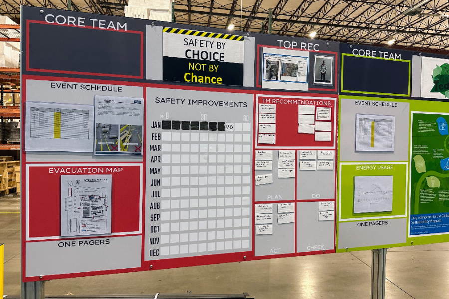 Amarr tracks safety procedures, including team members’ suggestions, on a large display board.  