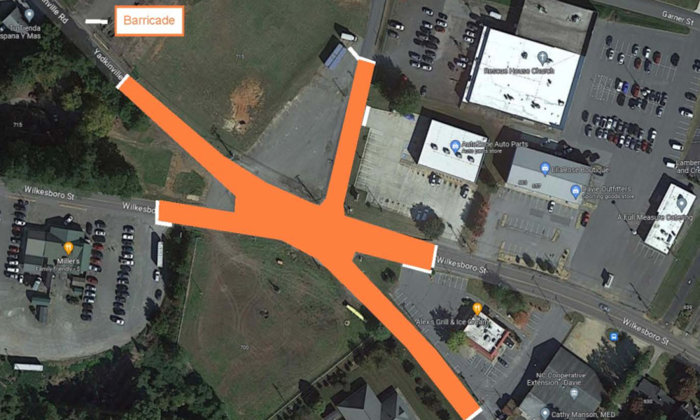 Barricade route for Mocksville Construction of Wilkesboro Roundabout. 